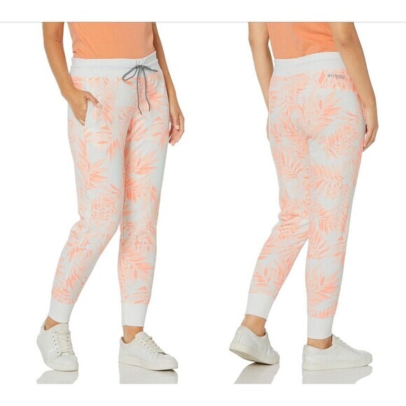 Columbia PFG Joggers Womens Sz XL White Orange Tropical Print Drawstring Pull On - Picture 1 of 15